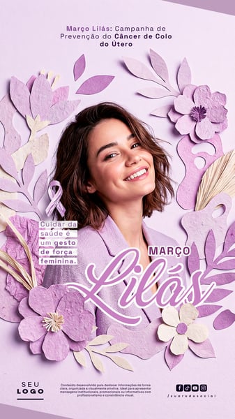 MARÇO LILÁS CAMPANHA DE CONSCIENTIZAÇÃO E COMBATE AO CÂNCER DE COLO DE ÚTERO STORY SOCIAL MEDIA PSD EDITÁVEL 3