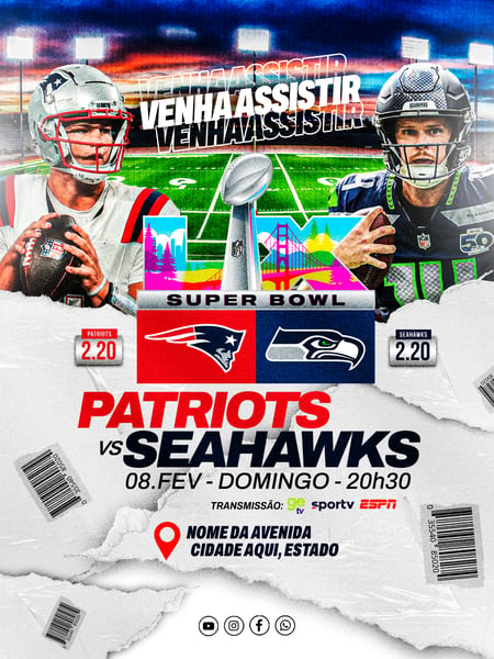 FLYER ESPORTIVO FUTEBOL AMERICANO NFL PATRIOTS vs SEAHAWKS SUPERBOWL XL