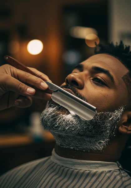 BARBEIRO NEGRO USANDO NAVALHA CLÁSSICA PARA DEFINIR O CONTORNO DA BARBA DE UM HOMEM