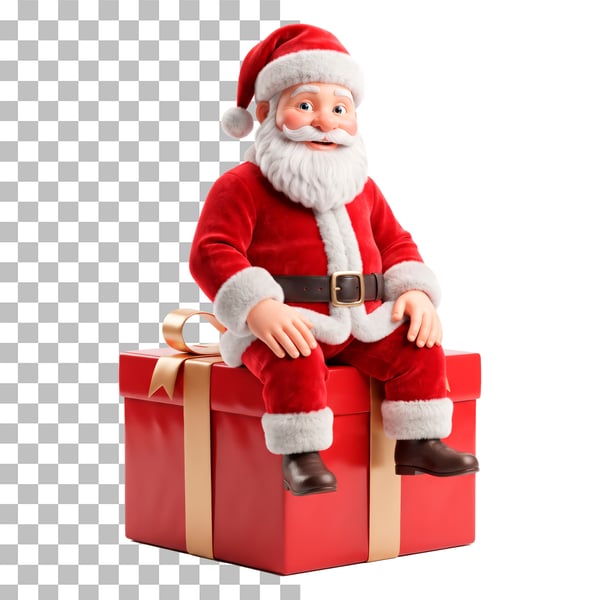 PAPAI NOEL SENTADO EM UMA CAIXA DE PRESENTE FELIZ