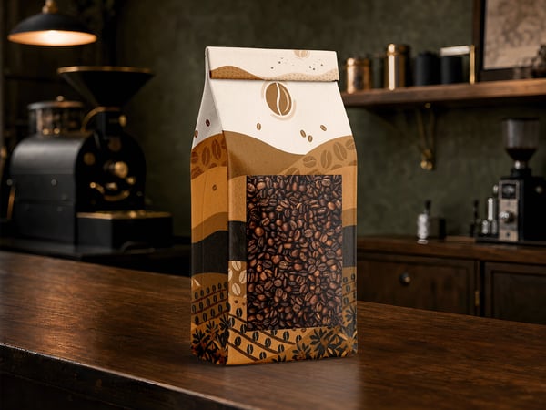 SACO DE CAFÉ MOCKUP SOBRE BALCÃO CAFETERIA AO FUNDO