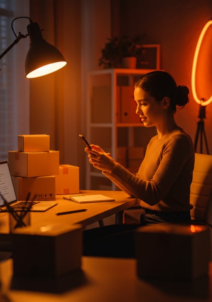 JOVEM EMPREENDEDORA DE E COMMERCE TRABALHANDO NOITE GERENCIANDO PEDIDOS E EMBALAGENS COM SMARTPHONE NO HOME OFFICE