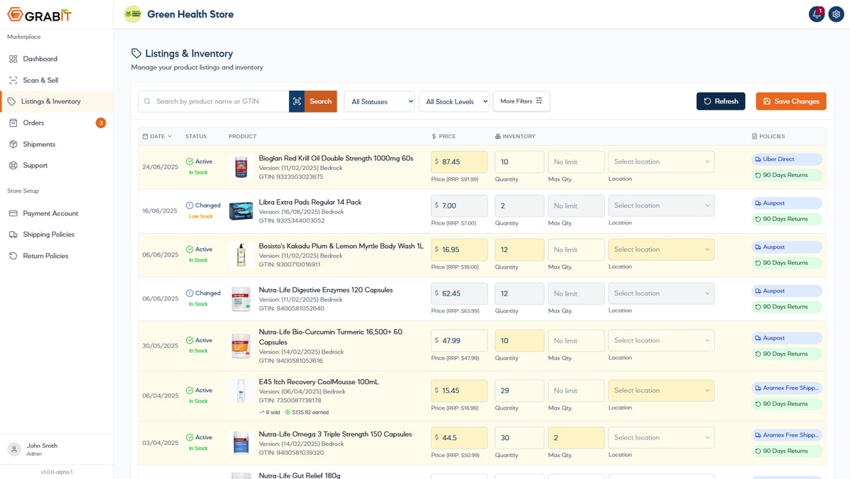 GRABIT inventory management dashboard