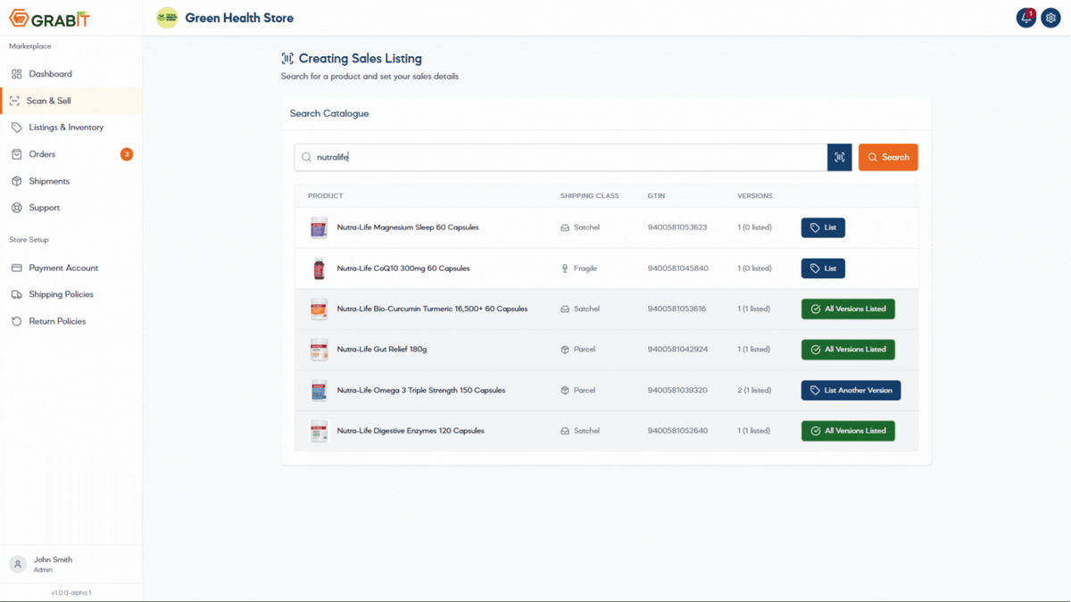 GRABIT Scan & Sell feature showing product listing interface