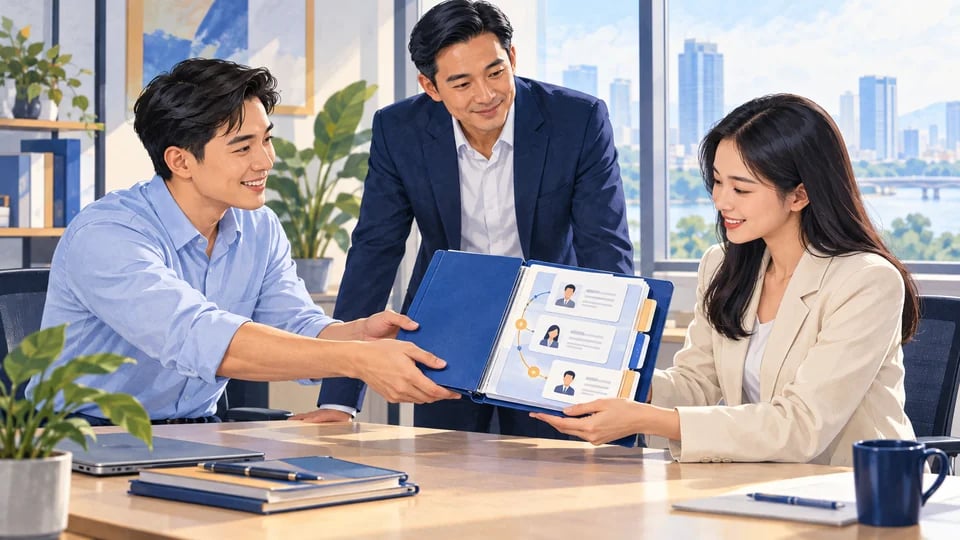 Nhân viên cũ và người tiếp quản bàn giao hồ sơ khách hàng có quản lý chứng kiến.