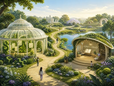 Minh họa English Park với Grammar Greenhouse, Nora Land và các lối học tiếng Anh trong công viên