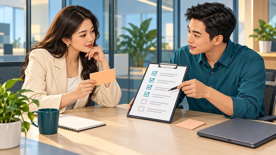 Nhân viên bán hàng cùng khách đối chiếu phạm vi báo giá cũ và các yêu cầu bổ sung trước khi chọn phương án.