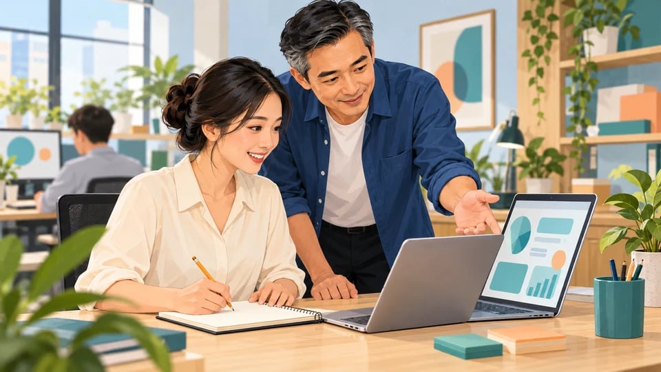 Quản lý hướng dẫn nhân viên sale mới thực hành cuộc trao đổi với khách và kiểm tra phiếu ghi chú.