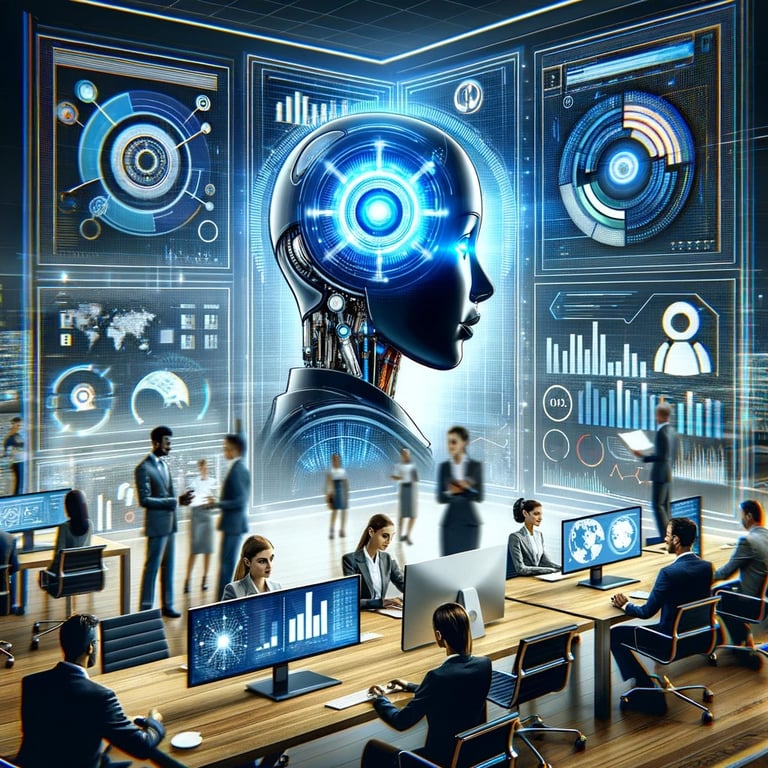 מראה של עיר עתידנית המשלבת בינה מלאכותית ואוטומציה בתקשורת העסקית, עם מבנים מודרניים ותשתיות תקשורת.