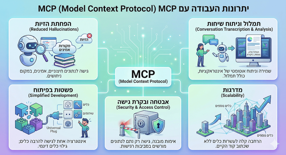 אינפוגרפיקה המציגה את היתרונות של עבודה עם פרוטוקול MCP (Model Context Protocol). התרשים מפרט חמישה יתרונות מרכזיים: הפחתת הזיות באמצעות מקורות אמינים, תמלול וניתוח שיחות אוטומטי, פשטות בפיתוח ואינטגרציה קלה, אבטחה ובקרת גישה לנתונים, ויכולת גידול (מדרגות/סקלביליות) להרחבה קלה של כלים.