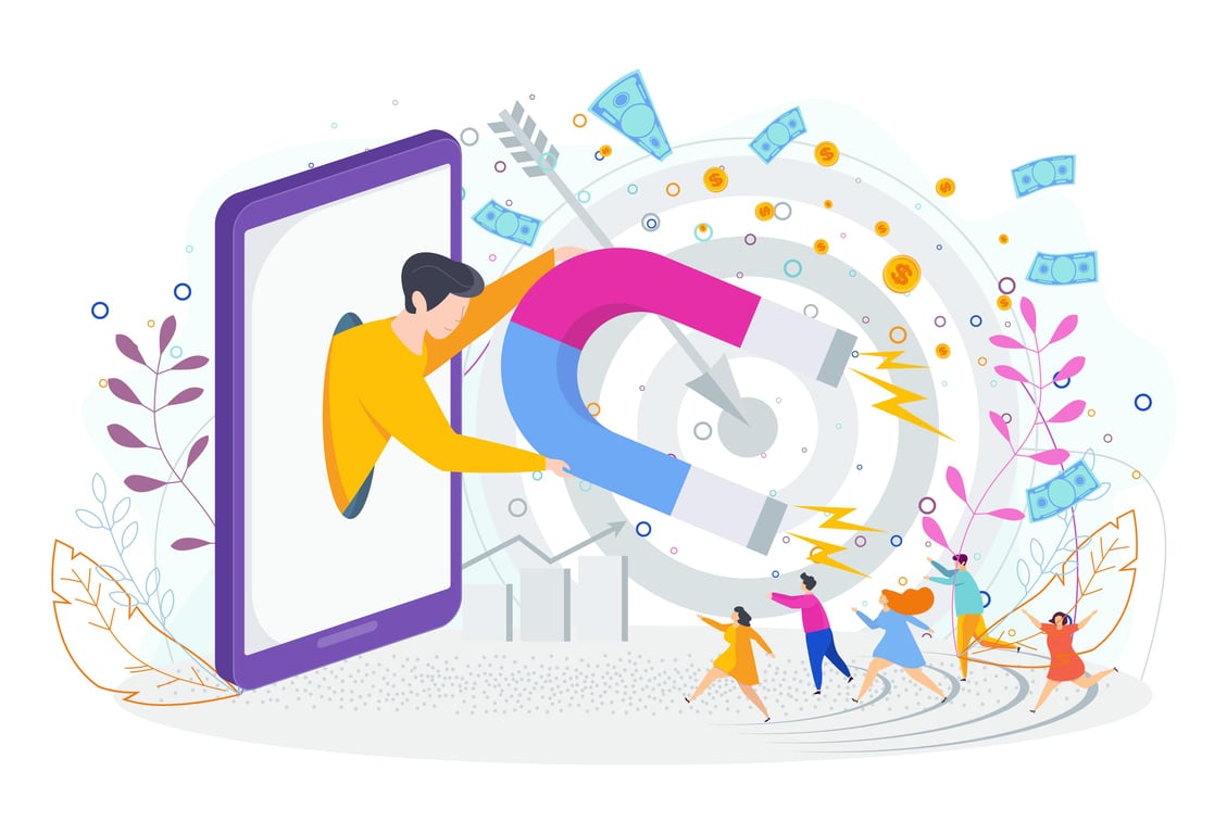 איש יוצא מהטלפון ומושך לקוחות עם מגנט