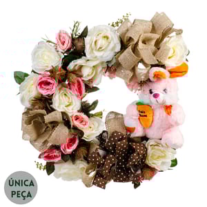 GUIRLANDA COELHO ROSA 50 CM FELIZ PÁSCOA COM ROSA E PEÔNIA