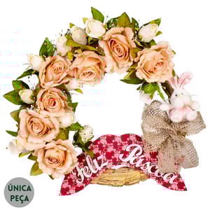 GUIRLANDA FELIZ PÁSCOA 45 CM ROSA E BOTÃO COM COELHO
