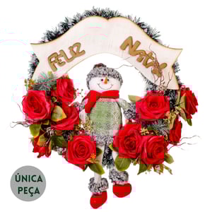 GUIRLANDA FELIZ NATAL 44 CM COM ROSAS E BONECO DE NEVE