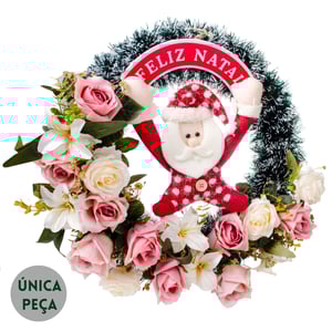 GUIRLANDA FELIZ NATAL 46 CM PAPAI NOEL LÍRIO BOTÃO ROSA 