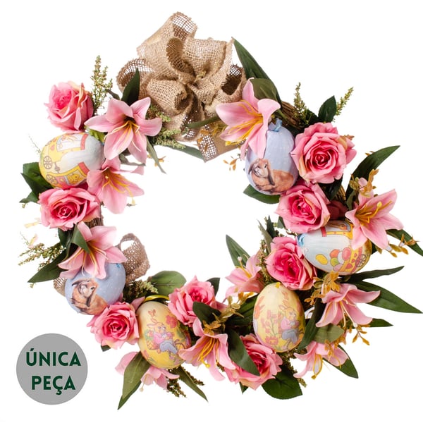GUIRLANDA PÁSCOA 48 CM COM LAÇO ROSA E OVOS