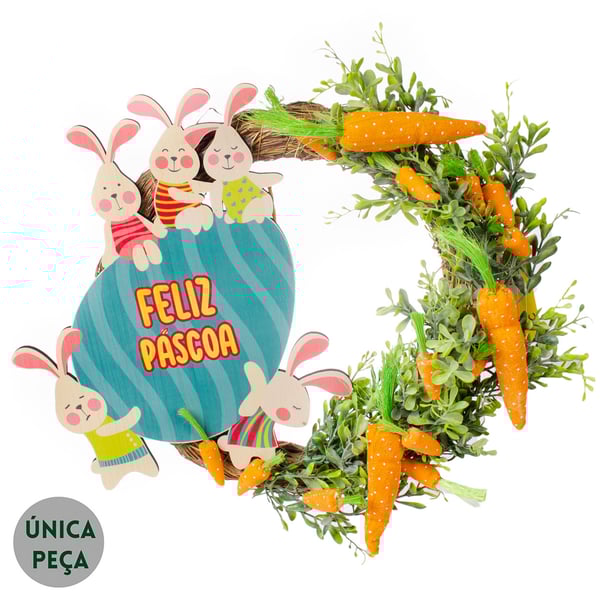 GUIRLANDA PÁSCOA 38 CM PLACA FELIZ PÁSCOA COELHOS E CENOURAS