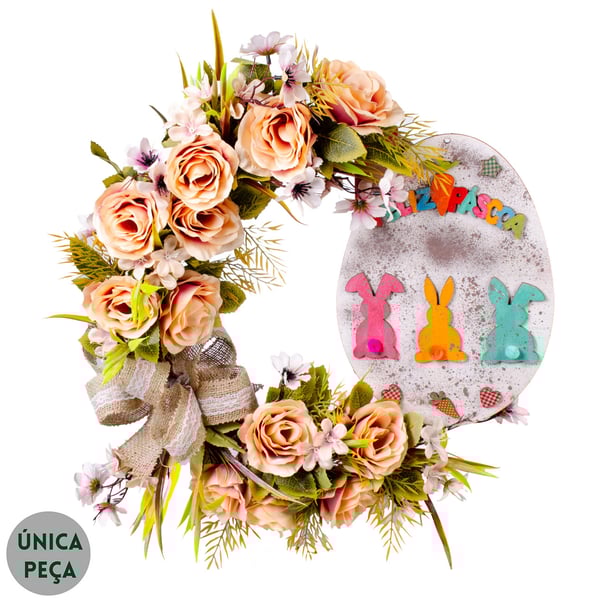 GUIRLANDA FELIZ PÁSCOA 60 CM ROSAS COM COMPLEMENTO E LAÇO