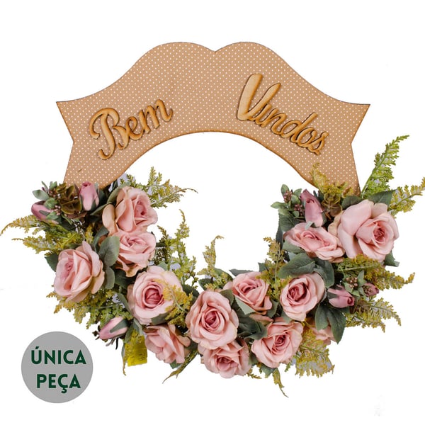 GUIRLANDA BEM VINDOS 46 CM ROSA E SAMAMBAIA OUTONAL