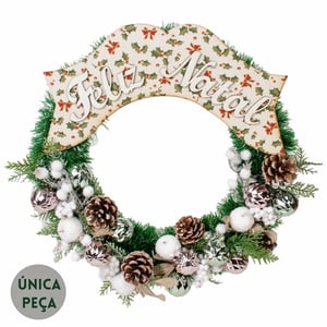 GUIRLANDA FELIZ NATAL 36 CM BOLAS PINHAS COM SEMENTES NEVADAS