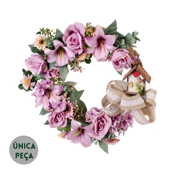 GUIRLANDA ROSA E LÍRIO 38 CM LÍLAS COM HORTÊNSIA E CASA