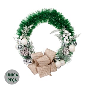 GUIRLANDA NATAL 36 CM COM BOLAS VERDE E BRANCA LAÇO E COMPLEMENTO