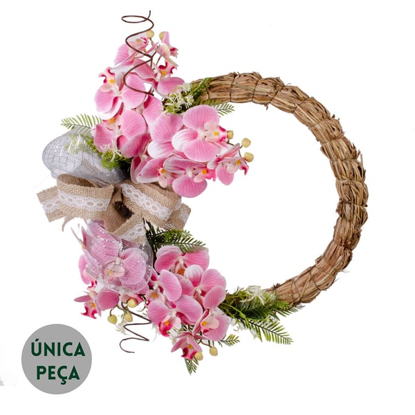GUIRLANDA ORQUÍDEA 40 CM LAÇO JUTA RENDA E SAMAMBAIA