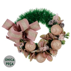 GUIRLANDA LAÇO E BOLAS ROSA ENVELHECIDO 36 CM COM FOLHAGEM