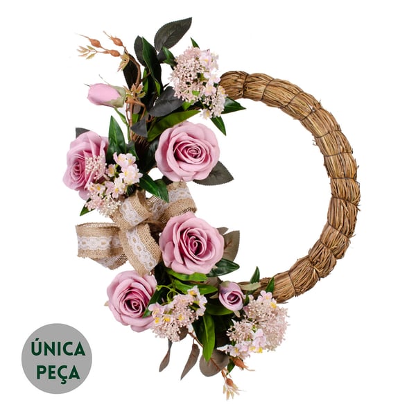 GUIRLANDA ROSA 40 CM COM LAÇO JUTA COM RENDA