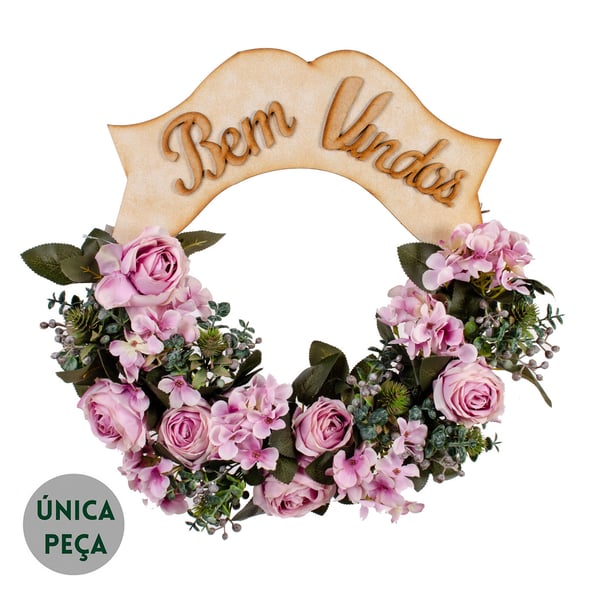 GUIRLANDA BEM VINDOS 44 CM BOTÃO COM HORTÊNSIA