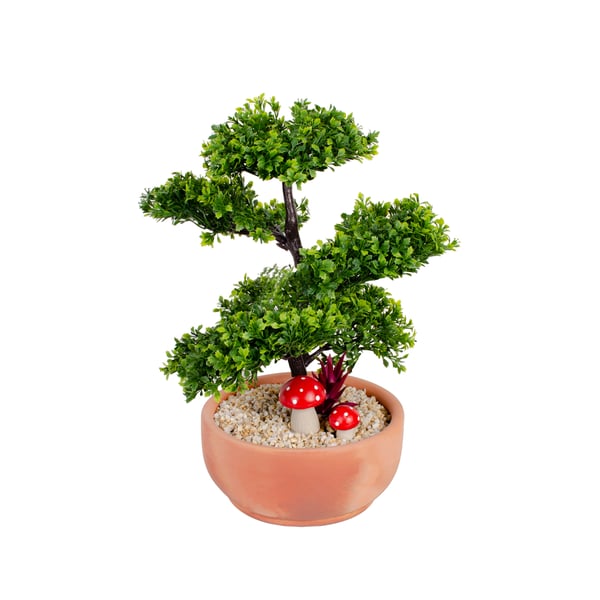 ARRANJO INT.1 BONSAI 38 CM COGUMELOS E SUCULENTA VASO RÚSTICO