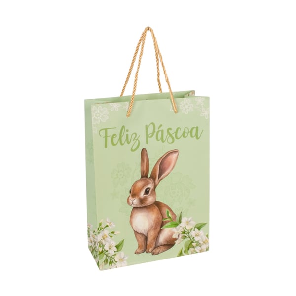 SACOLA PRESENTE PÁSCOA 27X19,4X8,6 CM FLORAL COELHO CARTONADA