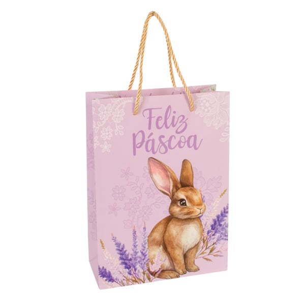 SACOLA PRESENTE PÁSCOA 31X24X12 CM FLORAL COELHO CARTONADA