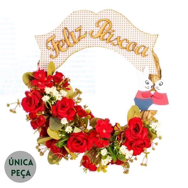 GUIRLANDA FELIZ PÁSCOA 40 CM CASAL COELHOS ROSA VERMELHA