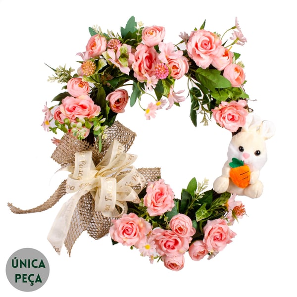 GUIRLANDA  DE PÁSCOA 41 CM ROSA PEÔNIA COELHO E LAÇO 