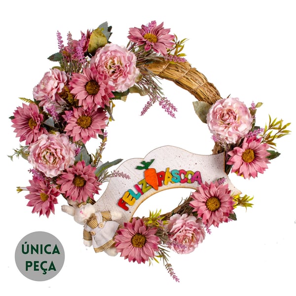 GUIRLANDA FELIZ PÁSCOA 46 CM GÉRBERA  DÁLIA E COELHO