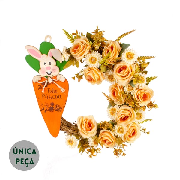 GUIRLANDA DE FELIZ PÁSCOA 45 CM PLACA CENOURA ROSAS MARGARIDA