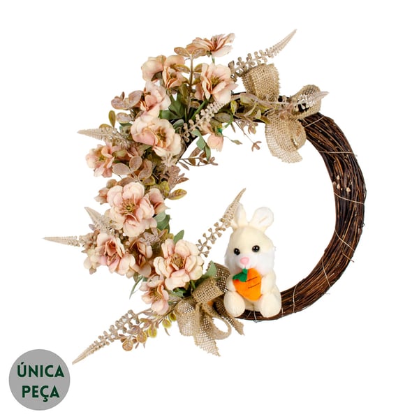 GUIRLANDA DE PÁSCOA 38 CM COM COELHO LAÇOS FLOR DO CAMPO E LAVANDA