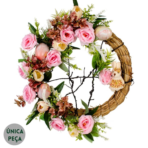 GUIRLANDA DE PÁSCOA 47 CM ROSAS COELHO OVOS CIPÓ LAVANDA TULIPA 