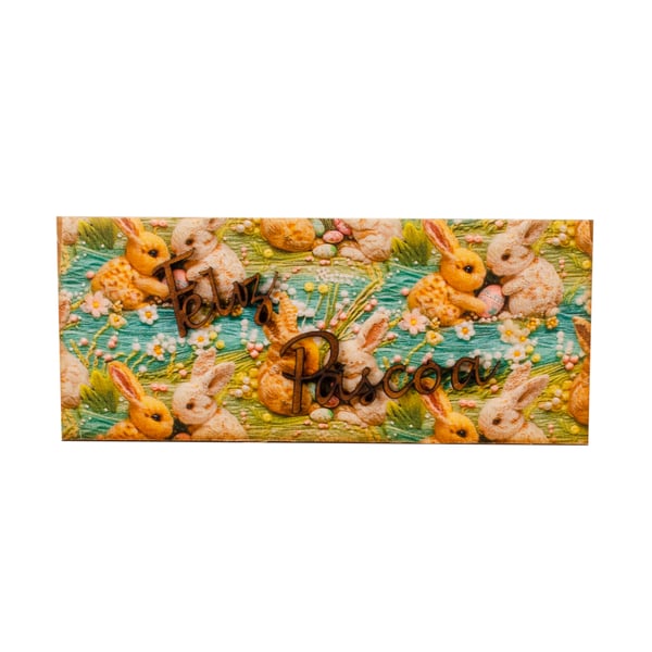 PLACA FELIZ PÁSCOA 8X19 CM MDF DECORADA