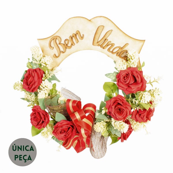GUIRLANDA BEM VINDOS 46 CM COM ROSAS GIBSO E LAÇO