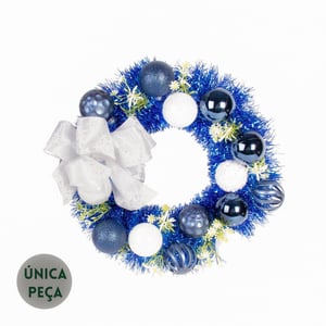 GUIRLANDA DE NATAL 40 CM LAÇO BRANCO BOLAS  E ARCO AZUL
