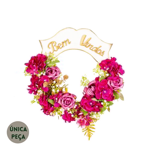 GUIRLANDA BEM VINDOS 40 CM ROSAS E HORTÊNCIA 