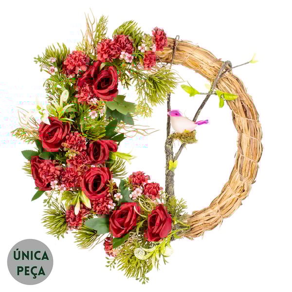 GUIRLANDA CRISÂNTEMO 45 CM ROSAS E PÁSSARO NO GALHO