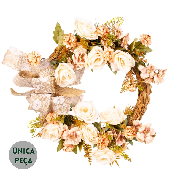 GUIRLANDA LAÇO 48 CM COM ROSAS CRISÂNTEMO E FLOR DO CAMPO
