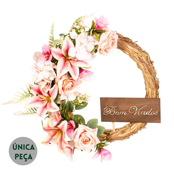 GUIRLANDA BEM VINDOS 43 CM LÍRIO ROSAS HORTÊNSIA