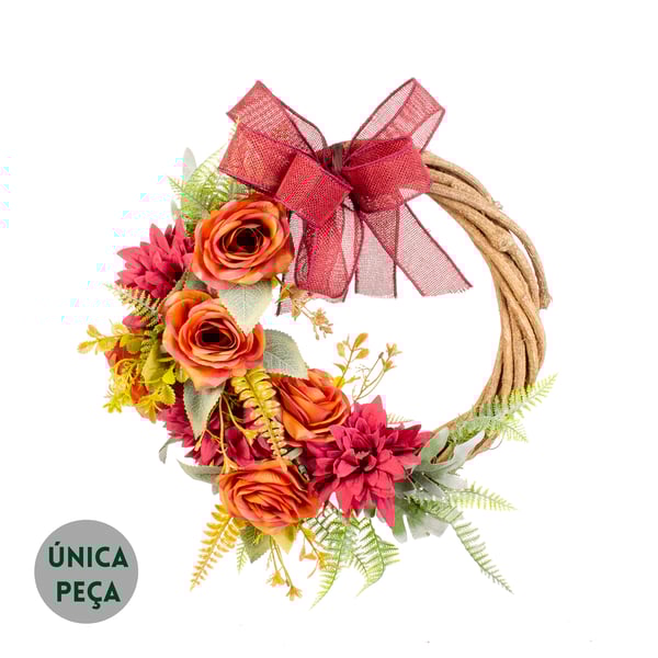 GUIRLANDA ROSA E DÁLIA 35 CM LAÇO BORDÔ