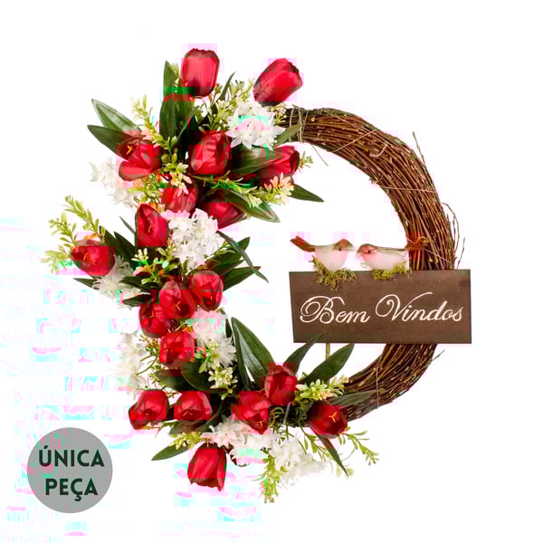 GUIRLANDA BEM VINDOS TULIPA E MARGARIDA 40 CM COM PÁSSAROS