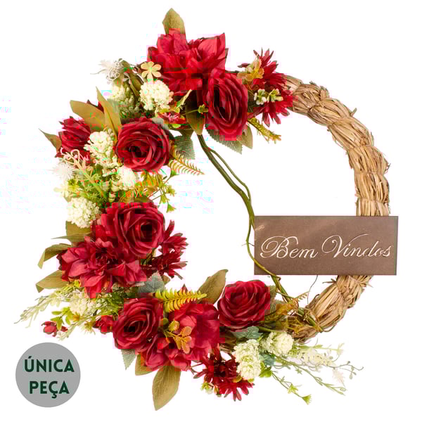 GUIRLANDA BEM VINDOS 42 CM GÉRBERA E BOTÃO VERMELHO