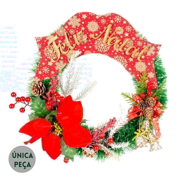 GUIRLANDA FELIZ NATAL 40 CM COM FLOR DE NATAL  SINOS CIPRESTE E PICK